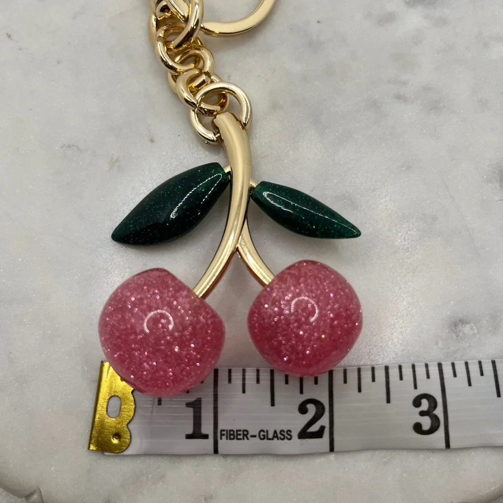 Cherry Bag Charm Keychain Pink Glitter Jumbo Resin Gold Tone Fruit New Accessory